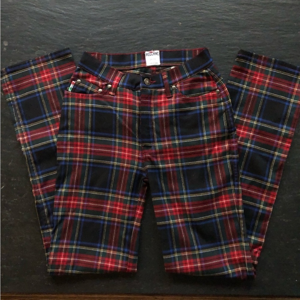 [MOSCHINO] Signature Wool Red Plaid Check  High waist Straight leg Jean pant